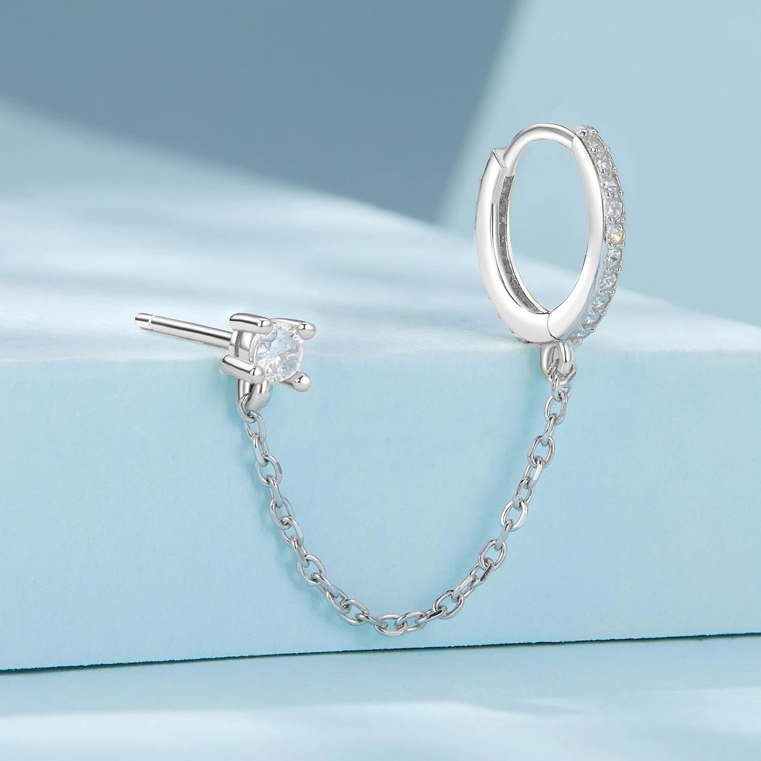 Arete De Cadena Plata 925 Cadena Doble Piercing Zirconias.