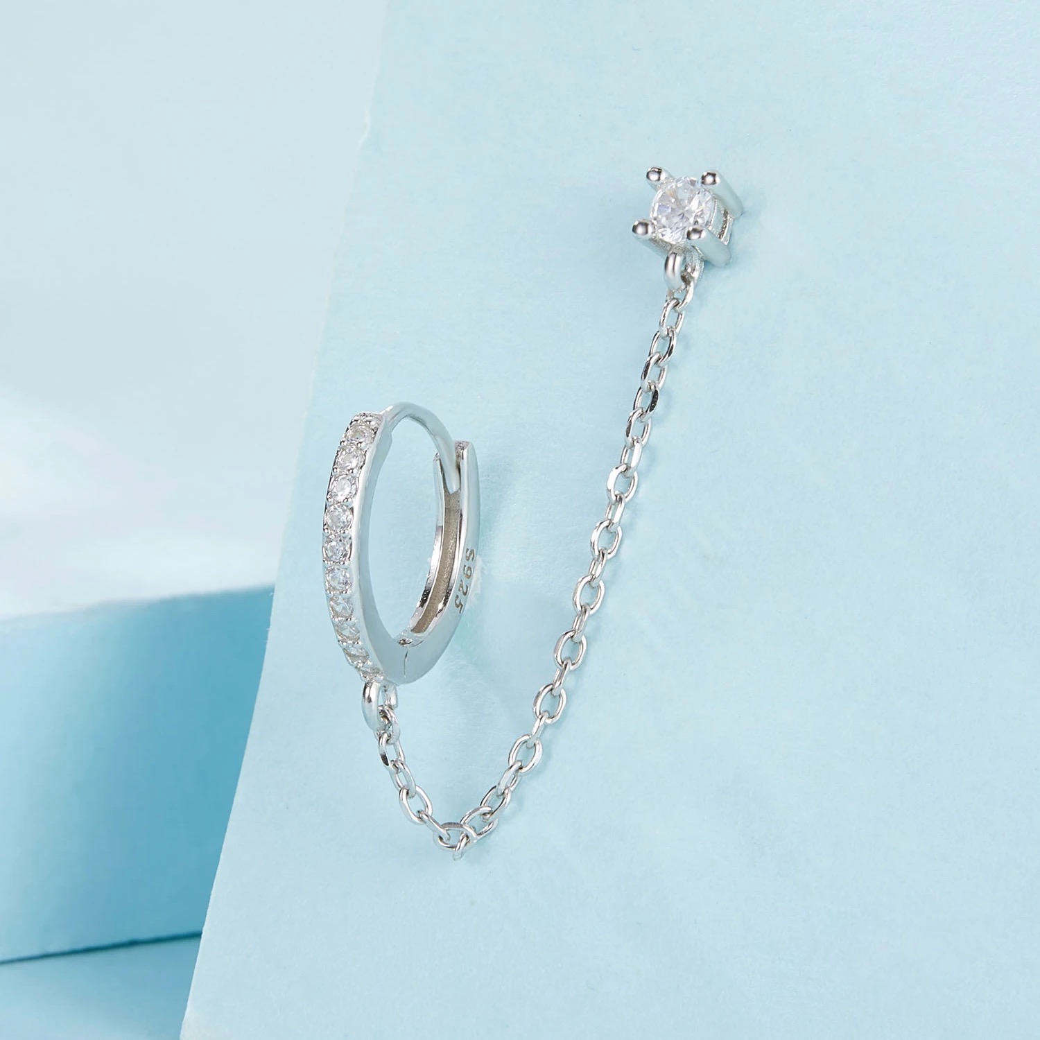 Arete De Cadena Plata 925 Cadena Doble Piercing Zirconias.