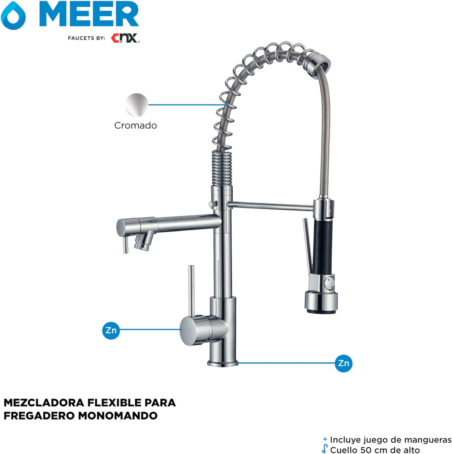 Mezcladora para Fregadero Monomando con Cuello Flexible, Llaves para Tarja de Cocina con Dos Salidas de Agua y Sostenedor de Cuello.