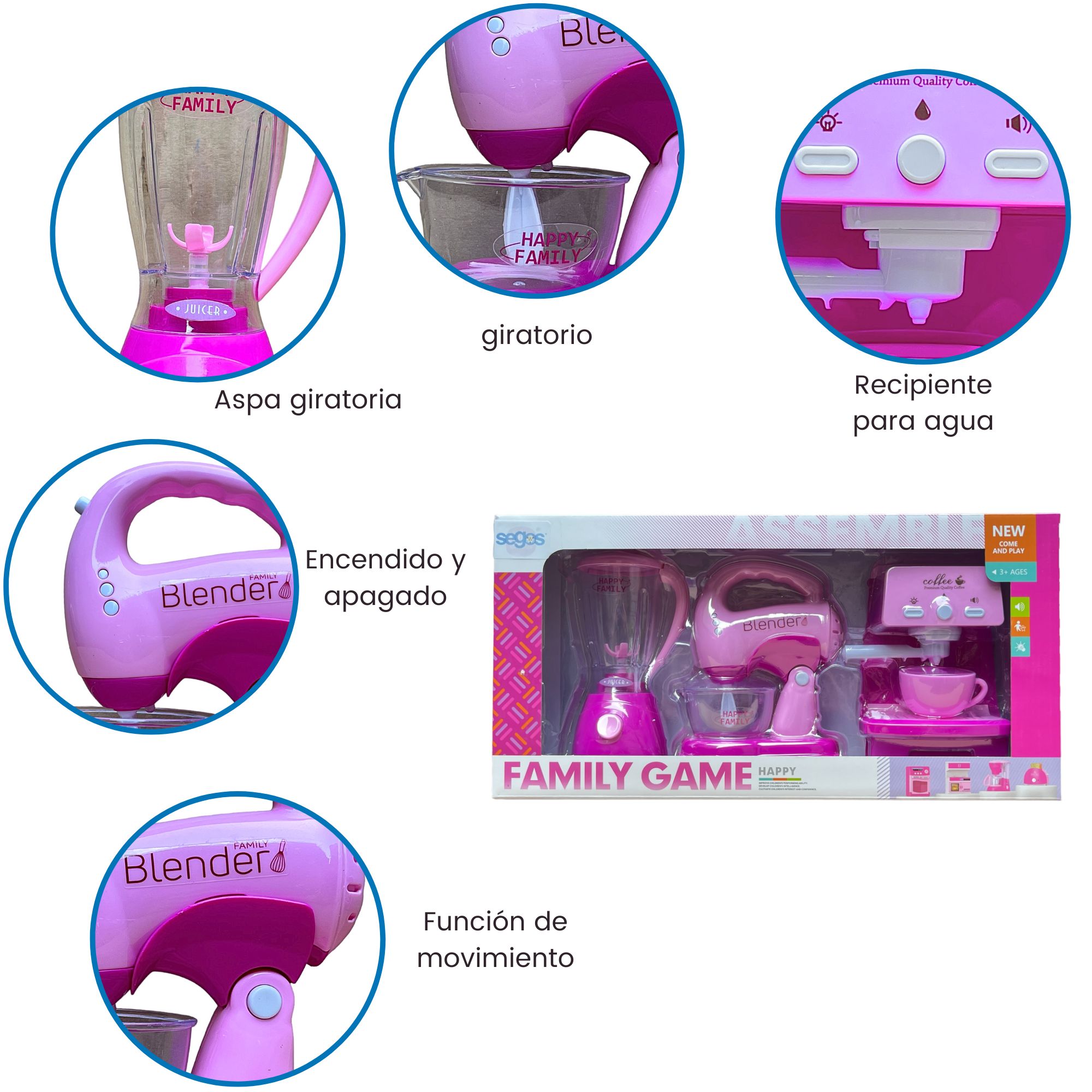 Set Juguete Cocinita Cafetera, Licuadora Batidora Electrodomésticos Color Rosa.