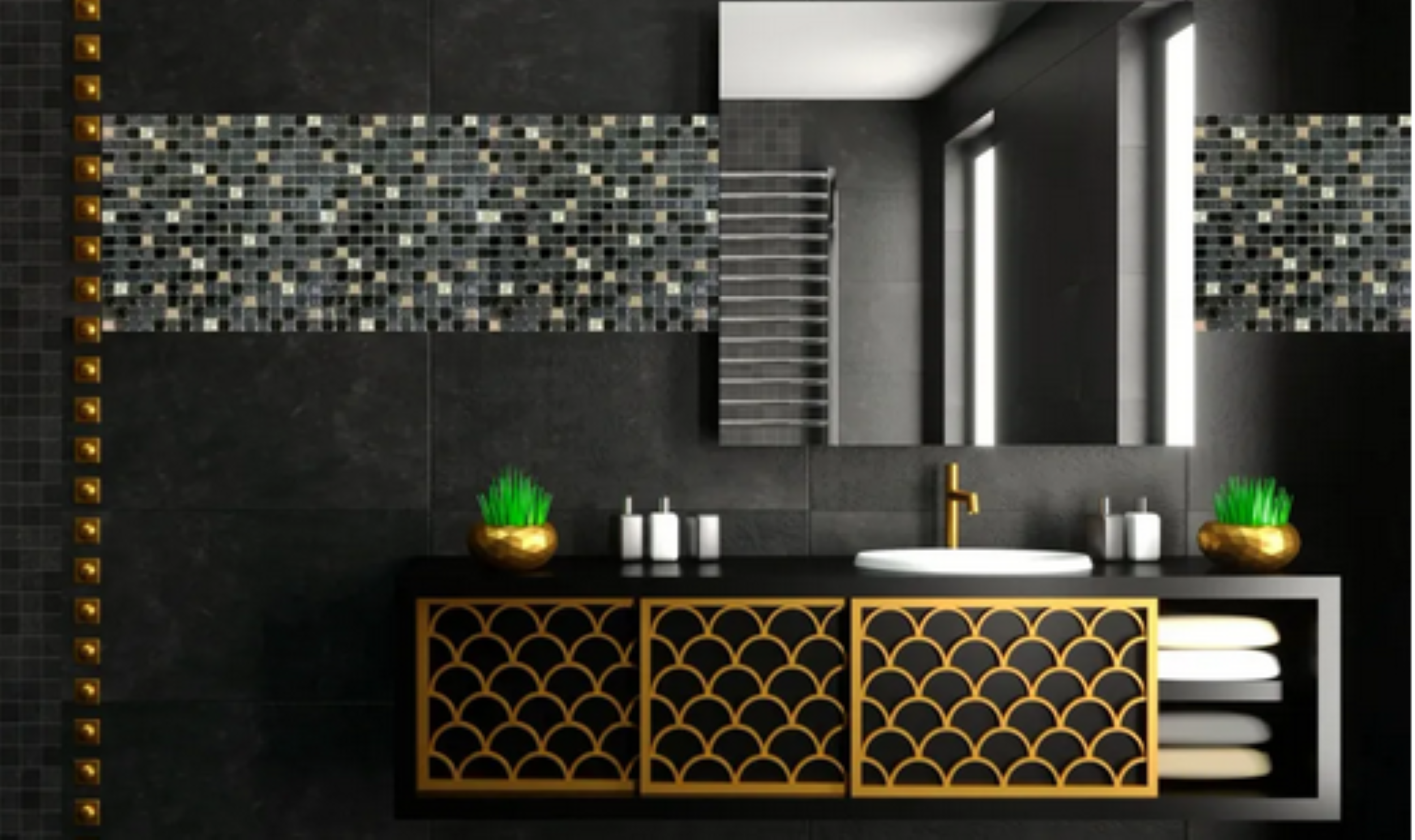 Malla o Mosaico Decorativo de vidrio PAL, medida 30 x 30 cms. (base por altura). Diseño en negro y plata con detalles en relieve. Caja de 5 piezas.