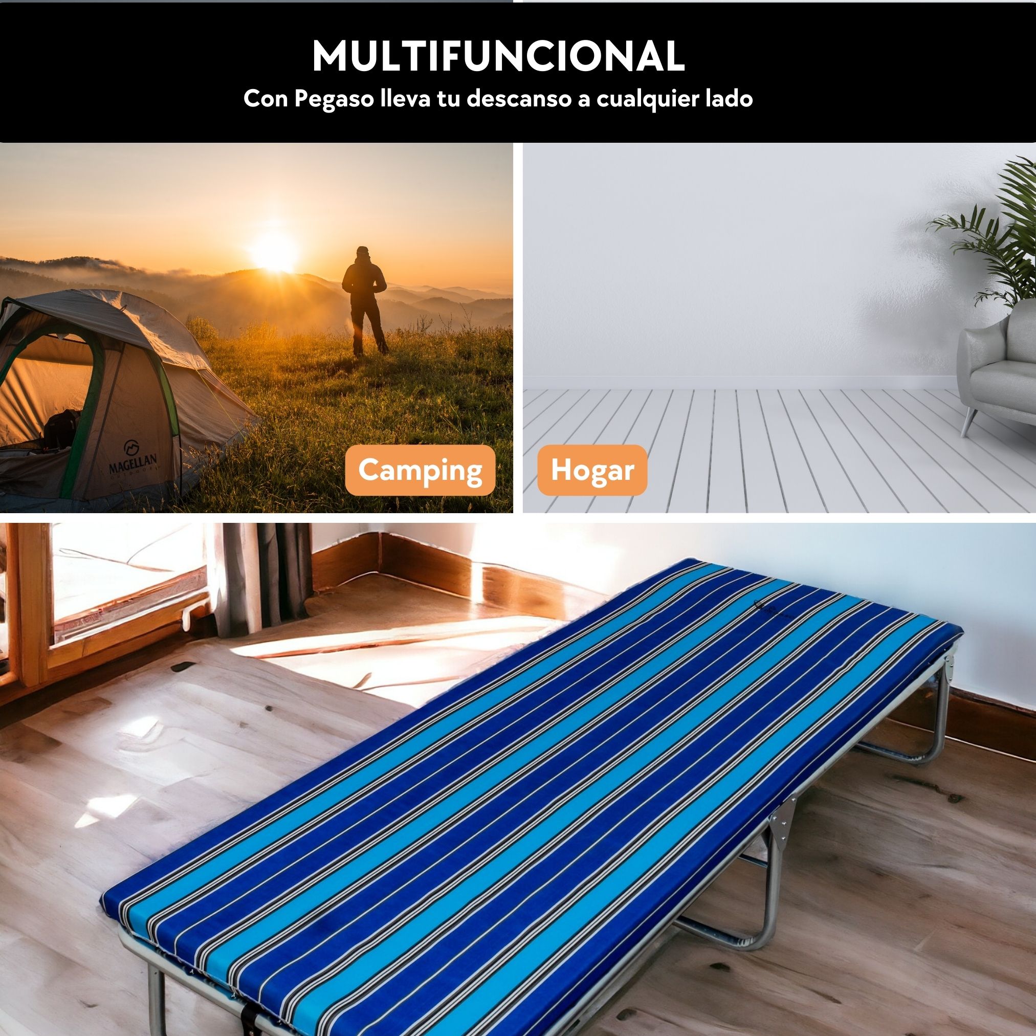 Catre Camastro Plegable de Maya Metálica con Colchón De 4 cm. Pegaso .