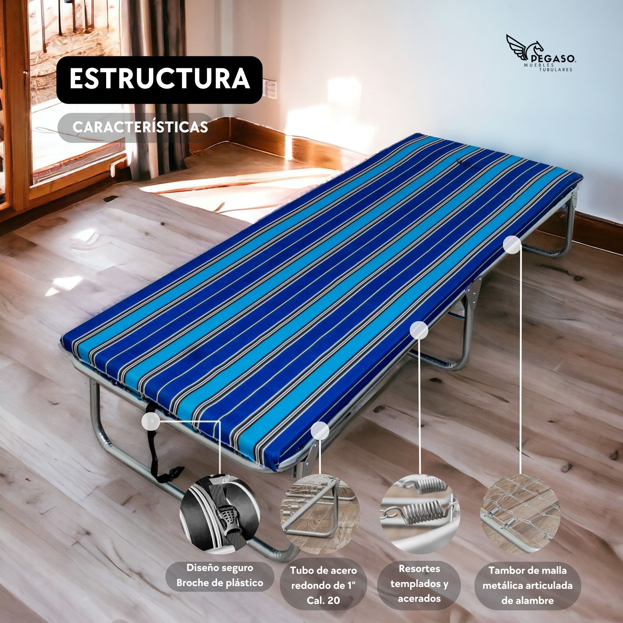 Catre Camastro Plegable de Maya Metálica con Colchón De 4 cm. Pegaso .