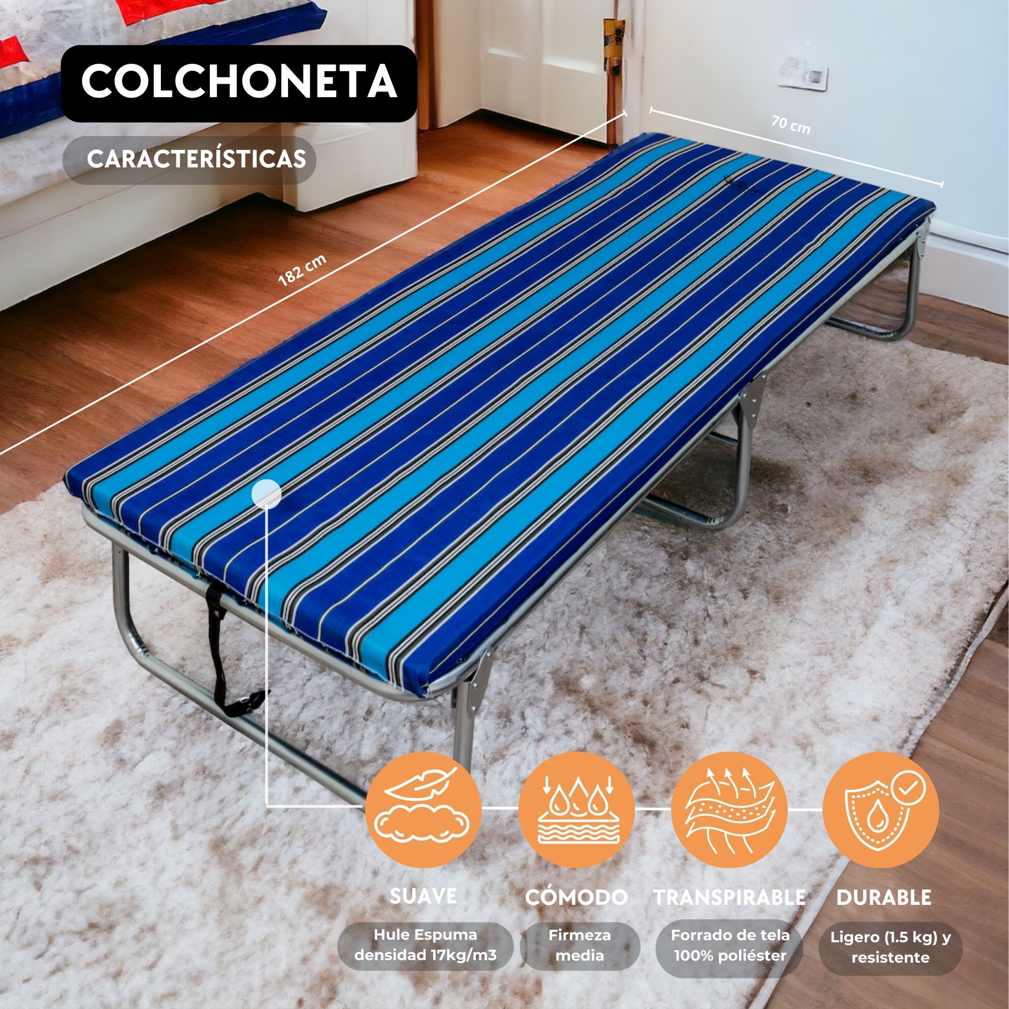 Catre Camastro Plegable de Maya Metálica con Colchón De 4 cm. Pegaso .