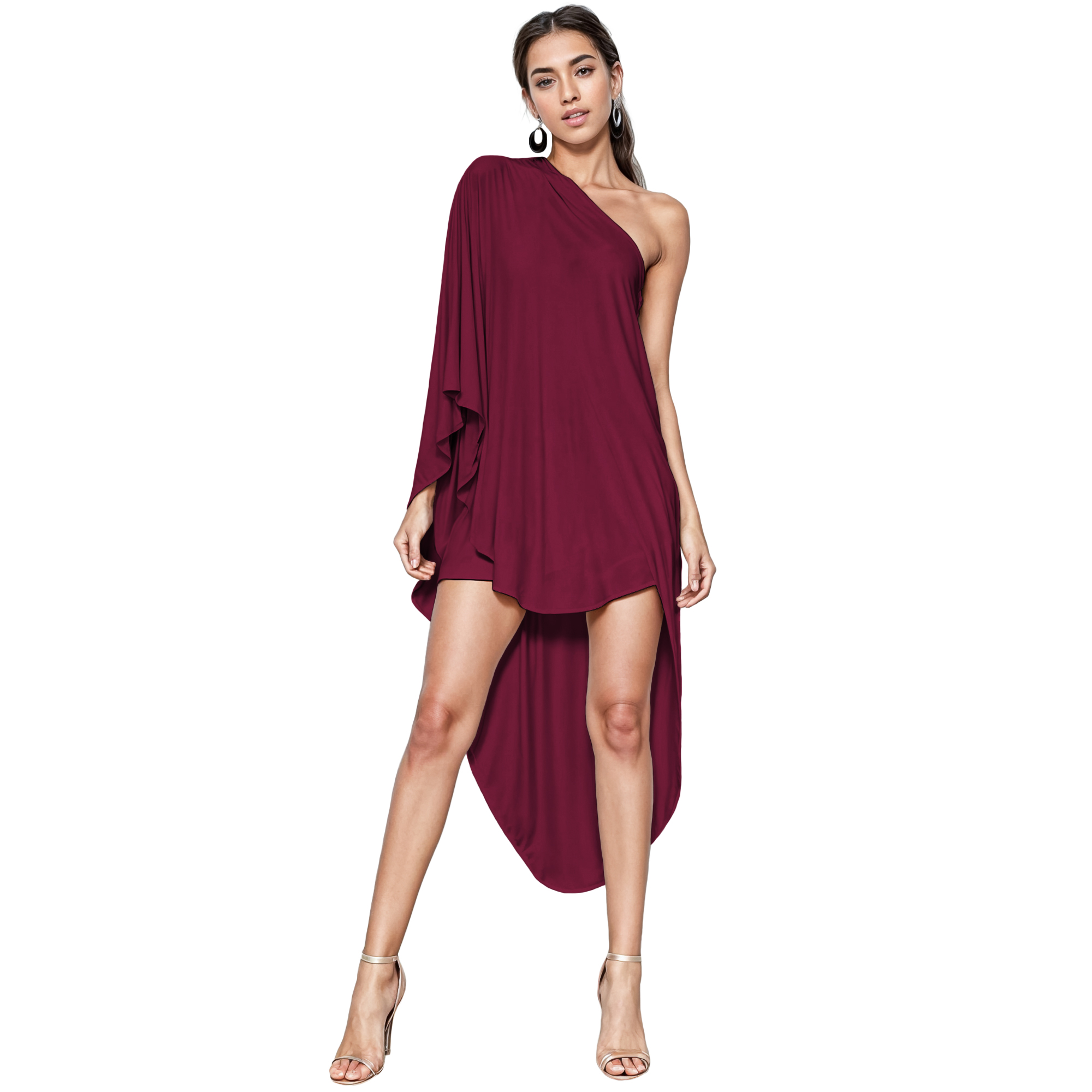 Vestido corto asimétrico casual elegante de noche dama mujer Xally 4D vestido de fondo justo con capa 1 hombro.