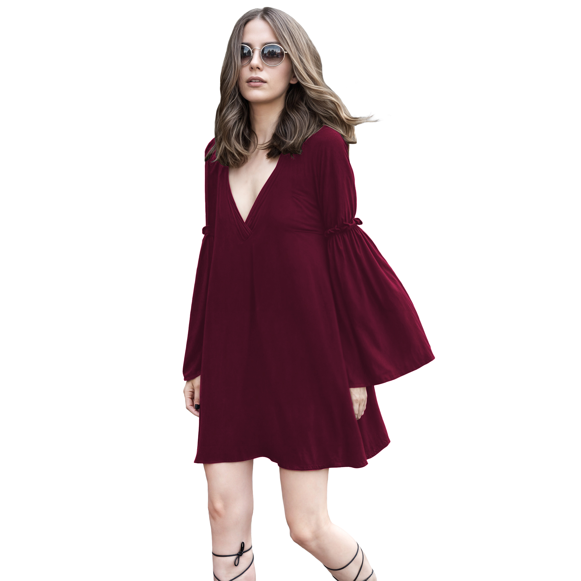 Vestido línea casual elegante noche corto, dama mujer xally 2303 escote V manga larga amplia Florencia.