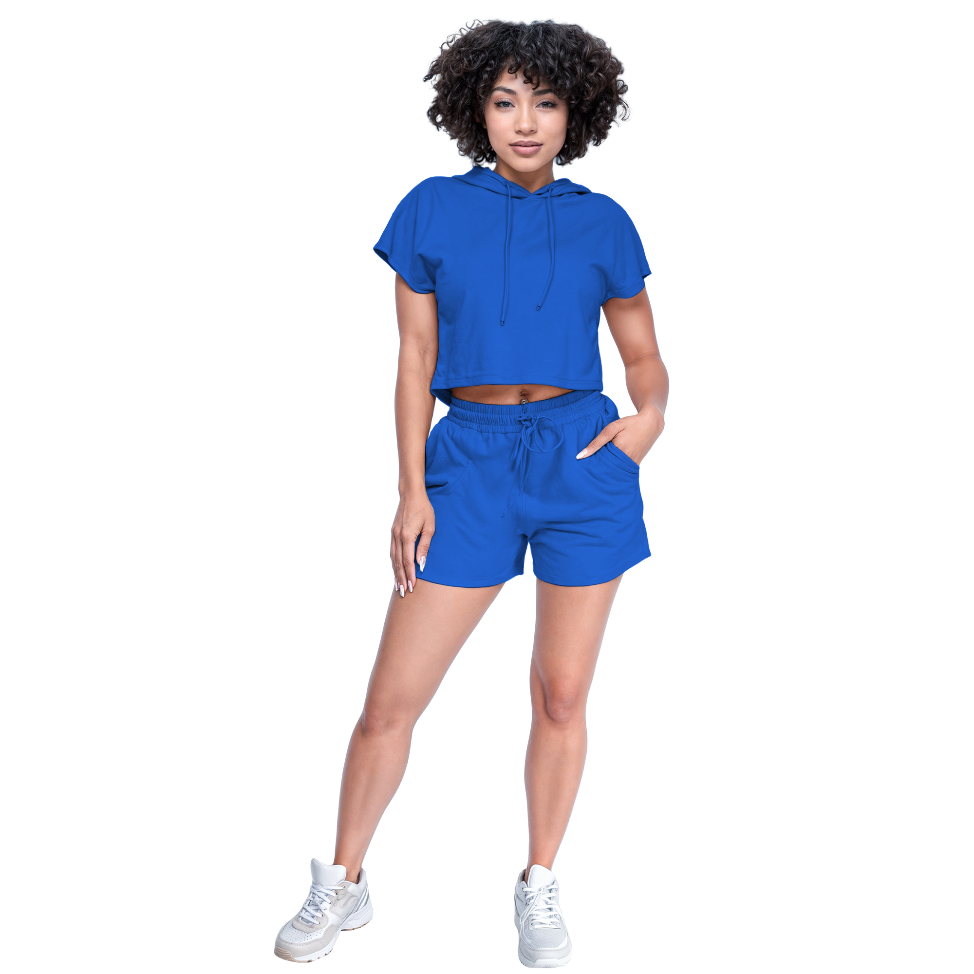 Conjunto de moda casual juvenil verano dama mujer xally 15D short bolsas hoodie.