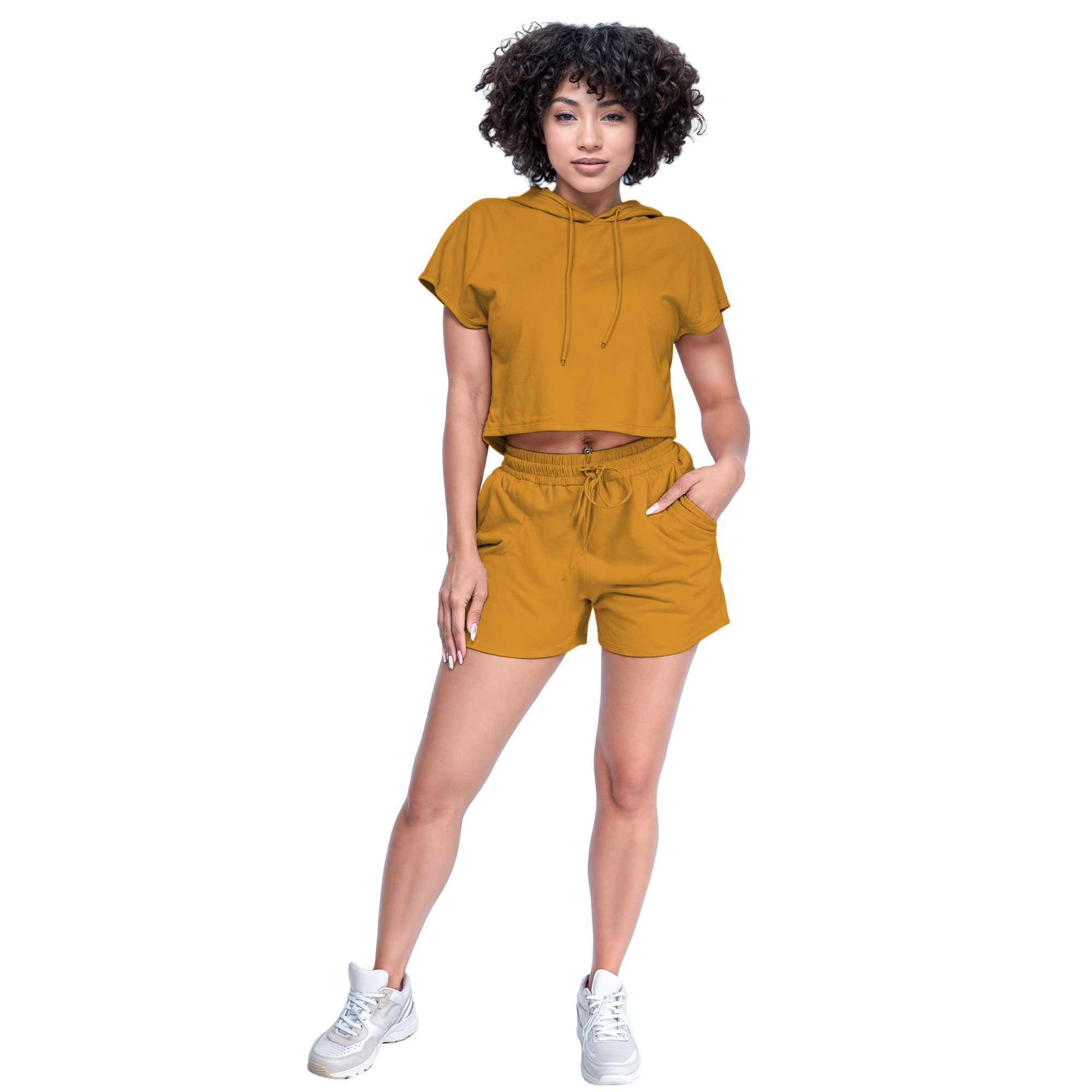 Conjunto de moda casual juvenil verano dama mujer xally 15D short bolsas hoodie.