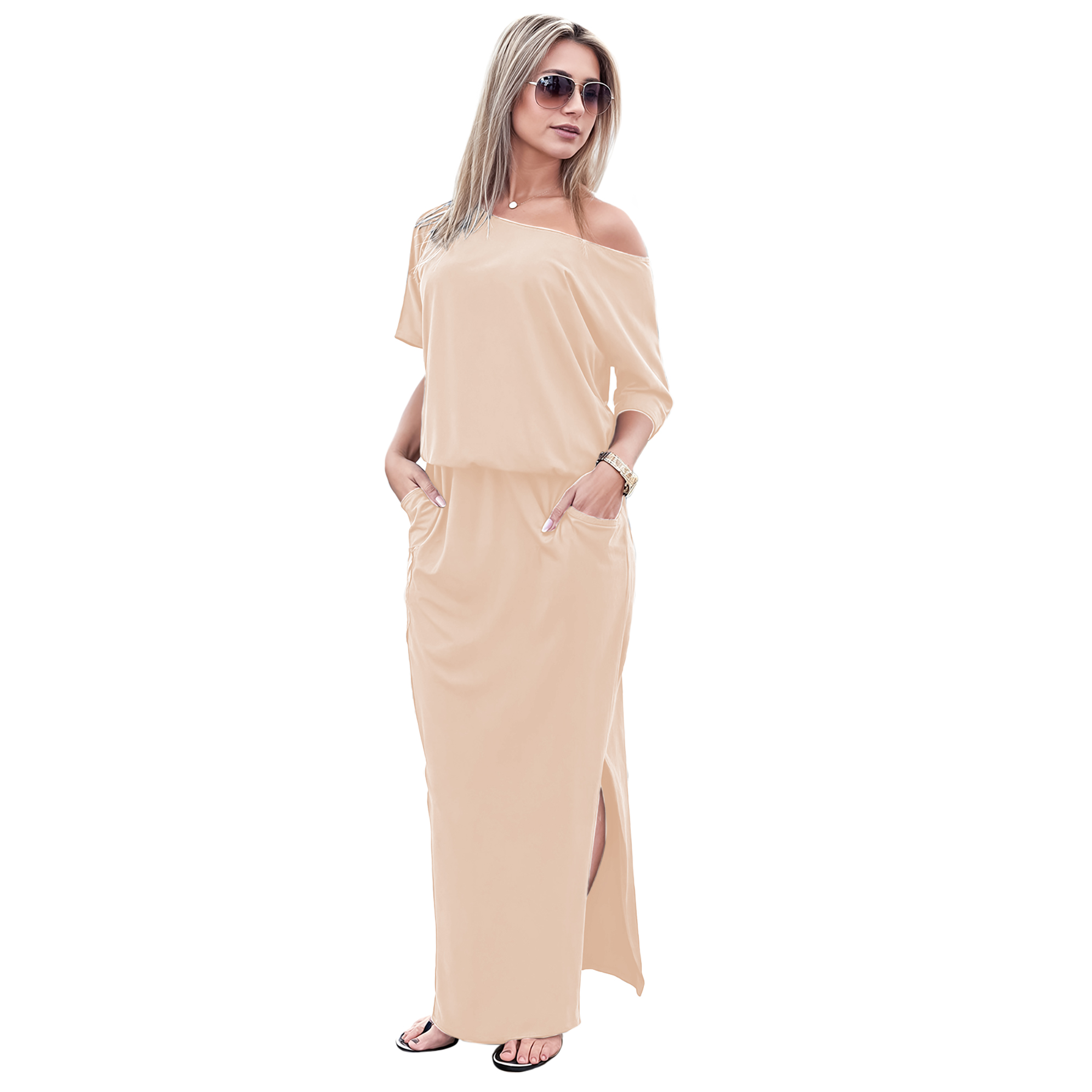Maxi vestido blusero de playa asimétrico casual fresco ligero largo dama mujer Xally 57 1 hombro abertura bolsas