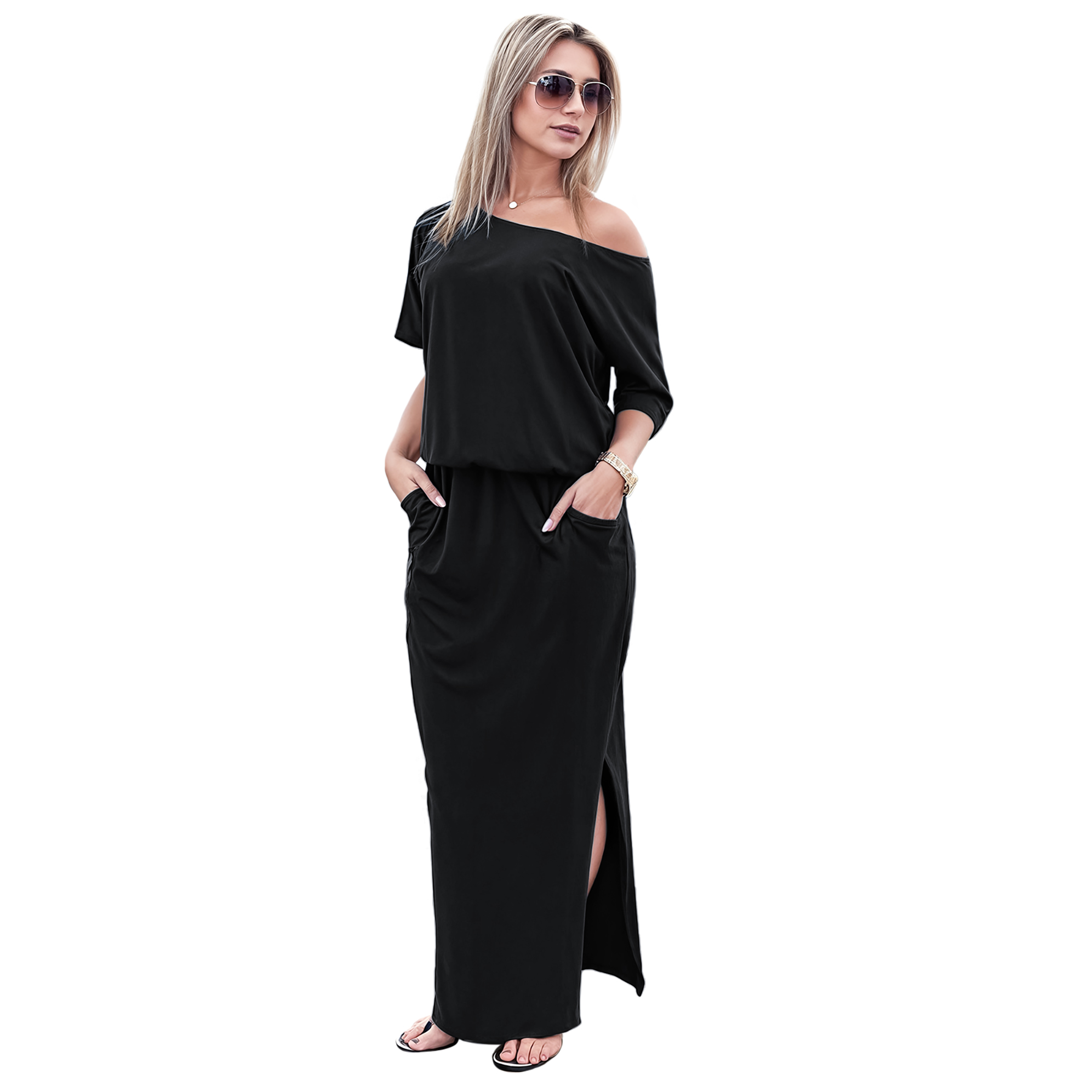 Maxi vestido blusero de playa asimétrico casual fresco ligero largo dama mujer Xally 57 1 hombro abertura bolsas