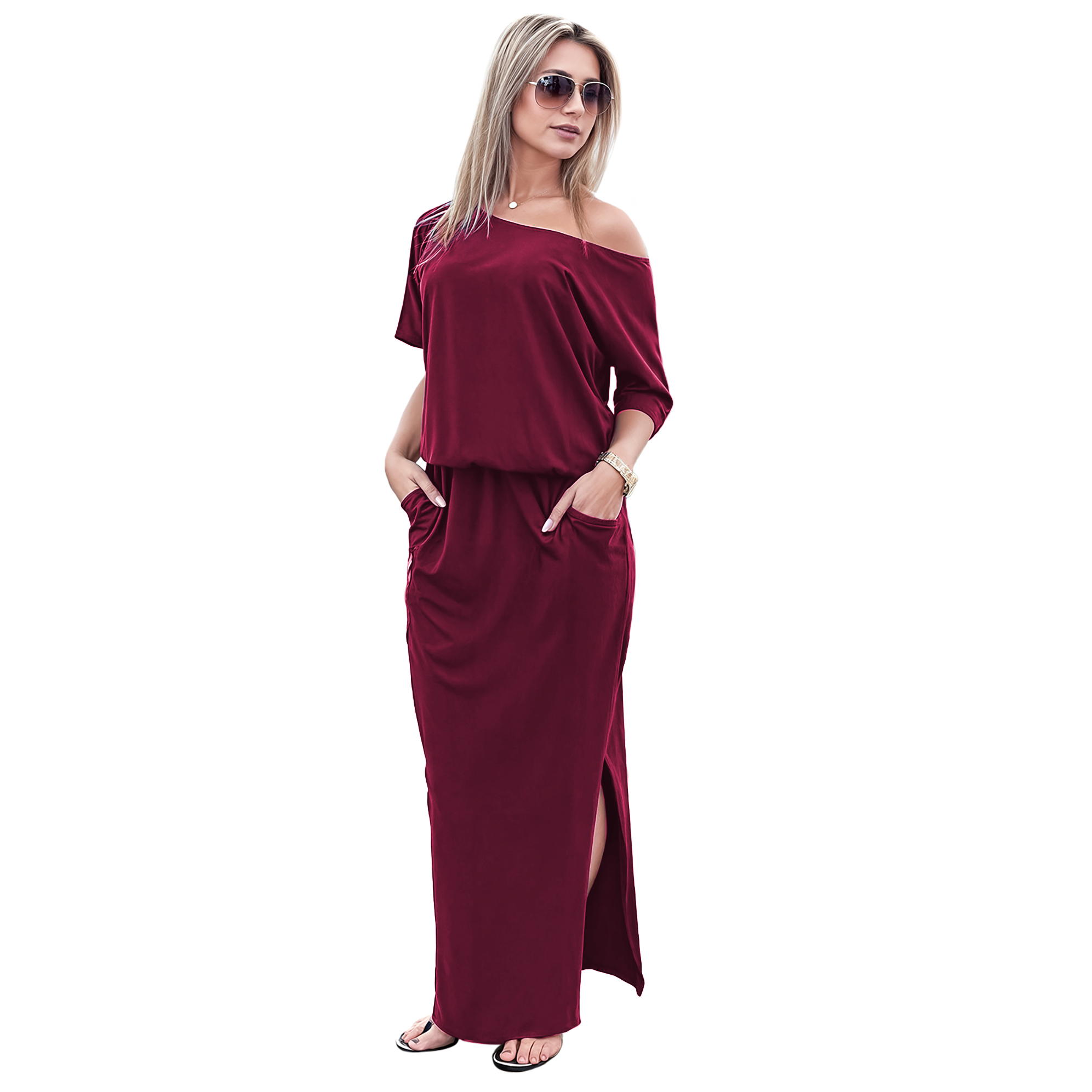 Maxi vestido blusero de playa asimétrico casual fresco ligero largo dama mujer Xally 57 1 hombro abertura bolsas