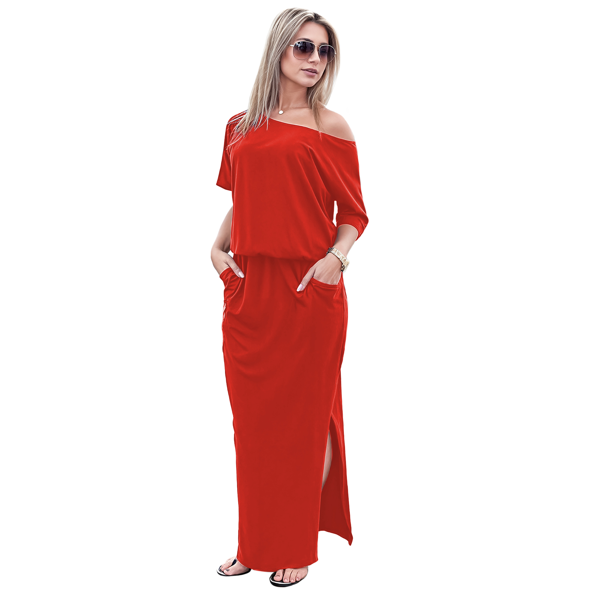 Maxi vestido blusero de playa asimétrico casual fresco ligero largo dama mujer Xally 57 1 hombro abertura bolsas