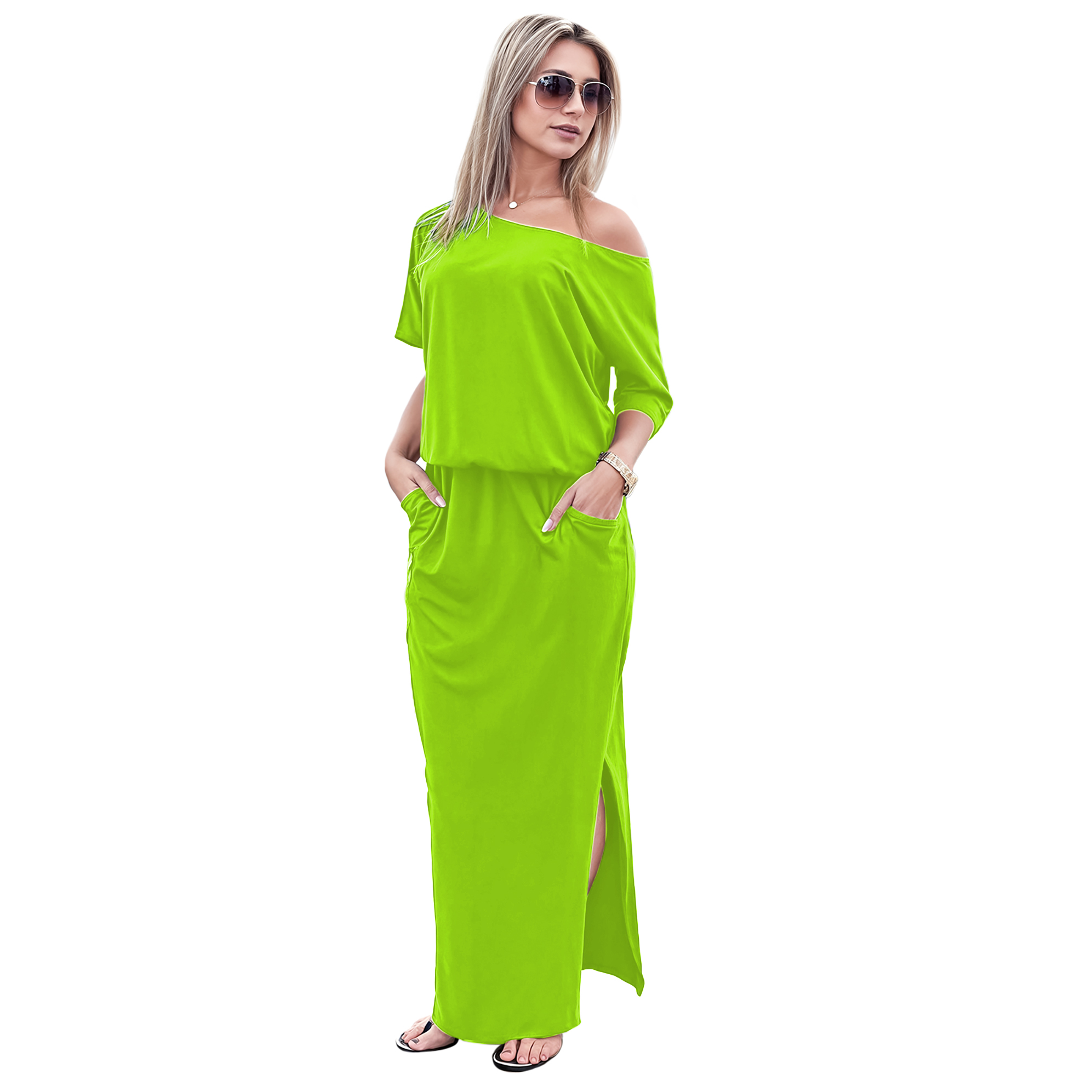 Maxi vestido blusero de playa asimétrico casual fresco ligero largo dama mujer Xally 57 1 hombro abertura bolsas