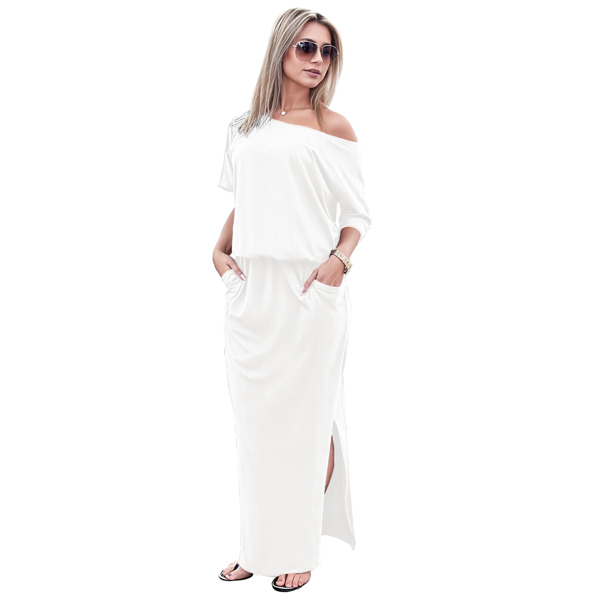 Maxi vestido blusero de playa asimétrico casual fresco ligero largo dama mujer Xally 57 1 hombro abertura bolsas