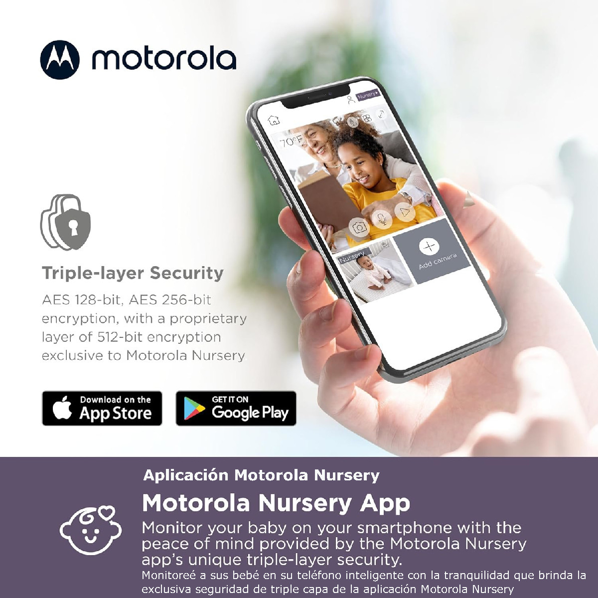Monitor video Bebe MOTOROLA 2 cámaras WiFi con pantalla 5" 2 vias.