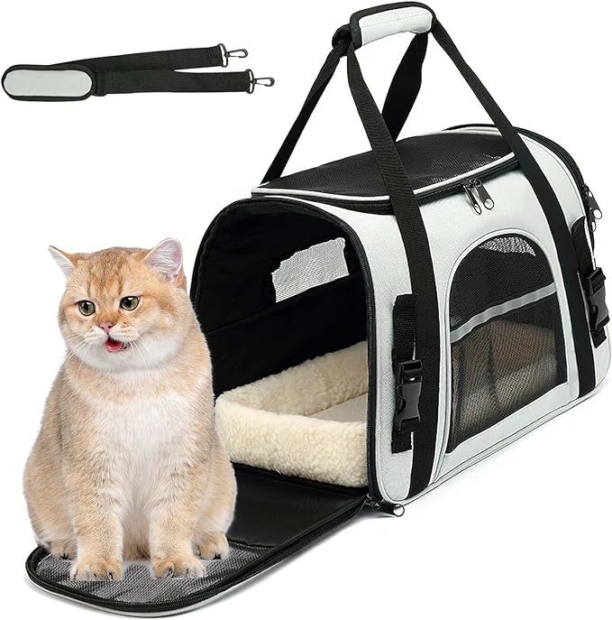 A qikkop Transportadora para Perro y Gato, Bolsa de Mascotas Plegable Portátil para Perros, Transpirable Mochila para Gato con Correa de Hombro Ajustable Cojín de Felpa, Carga MAX 10kg/22LB(Negro Gris)