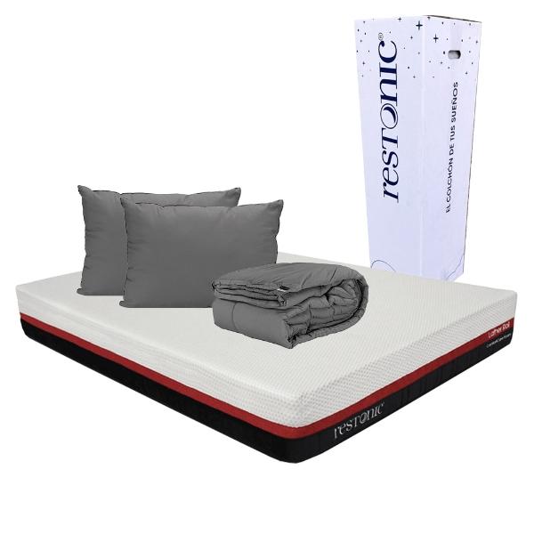 Colchón King Size Restonic Roll con Almohada 2 Pack y Edredon