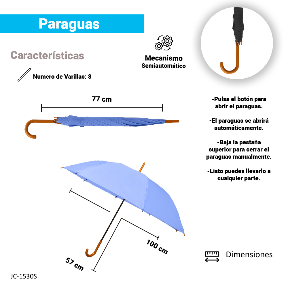 Paraguas Unisex Premium XL Reforzado 8 varillas Resistente a Vientos y Lluvias Fuertes, Mango Ergonómico y automático con funda incluida, Fácil de Transportar.