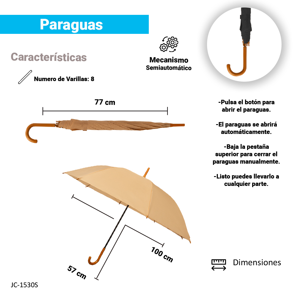 Paraguas Unisex Premium XL Reforzado 8 varillas Resistente a Vientos y Lluvias Fuertes, Mango Ergonómico y automático con funda incluida, Fácil de Transportar.