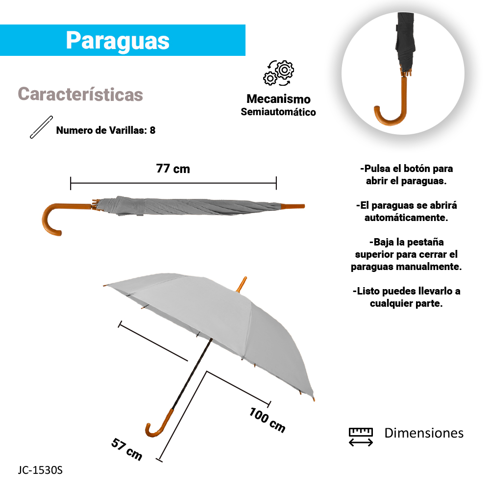 Paraguas Unisex Premium XL Reforzado 8 varillas Resistente a Vientos y Lluvias Fuertes, Mango Ergonómico y automático con funda incluida, Fácil de Transportar.