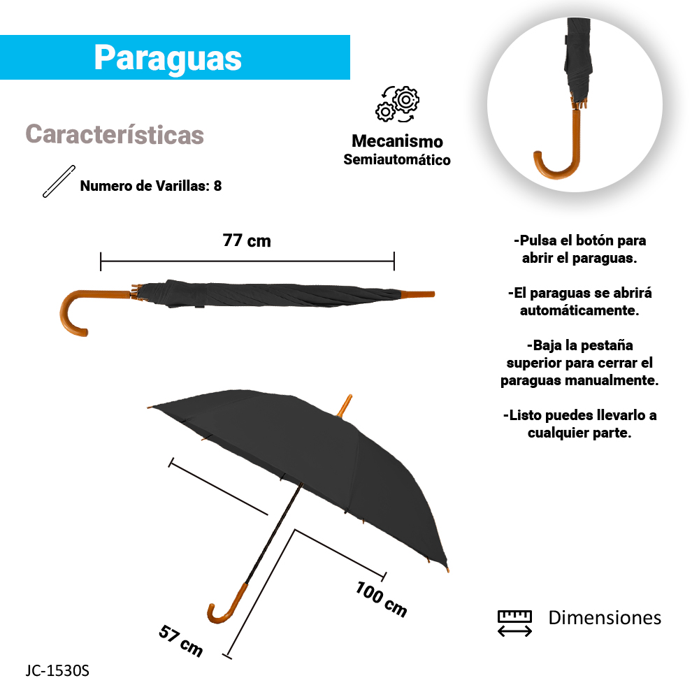 Paraguas Unisex Premium XL Reforzado 8 varillas Resistente a Vientos y Lluvias Fuertes, Mango Ergonómico y automático con funda incluida, Fácil de Transportar.