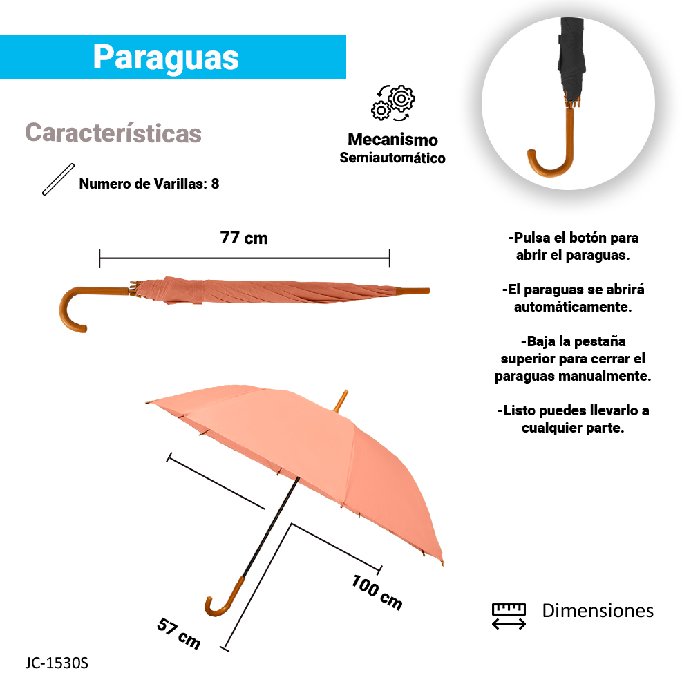 Paraguas Unisex Premium XL Reforzado 8 varillas Resistente a Vientos y Lluvias Fuertes, Mango Ergonómico y automático con funda incluida, Fácil de Transportar.