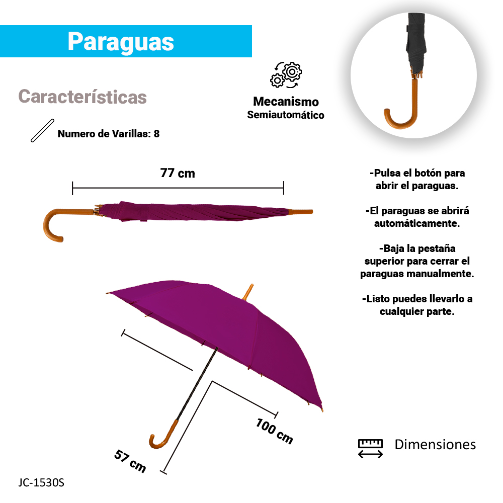 Paraguas Unisex Premium XL Reforzado 8 varillas Resistente a Vientos y Lluvias Fuertes, Mango Ergonómico y automático con funda incluida, Fácil de Transportar.