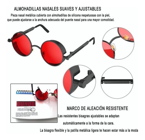"3 Piezas Lentes Sol Uv-400 Gafas Redondos Steampunk Unisex negro negro con dorado y rojo ".