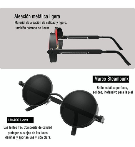 "3 Piezas Lentes Sol Uv-400 Gafas Redondos Steampunk Unisex negro negro con dorado y rojo ".