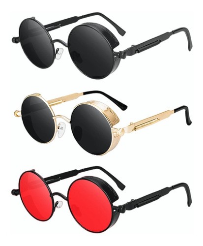 "3 Piezas Lentes Sol Uv-400 Gafas Redondos Steampunk Unisex negro negro con dorado y rojo ".