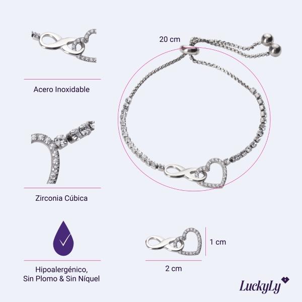 LuckyLy Pulseras Mujer con Dije de Corazón e Infinito , Brazalete de Acero Inoxidable Color Plata y Zirconia Cúbica - Modelo Nia