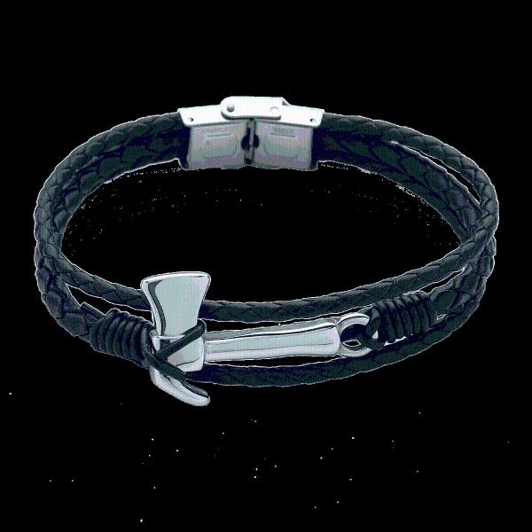 LUCKMAN Pulsera para Hombre de Acero Inoxidable y Cuero Piel Vegana , estilo Brazalete Vikingo con Hacha - Modelo Xavi