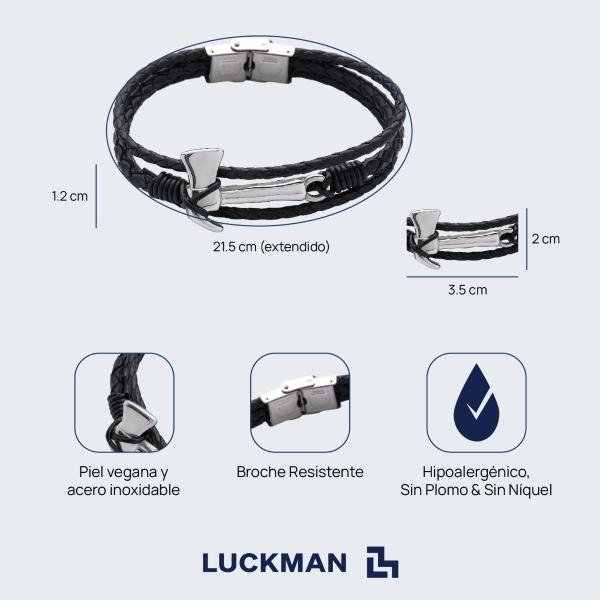 LUCKMAN Pulsera para Hombre de Acero Inoxidable y Cuero Piel Vegana , estilo Brazalete Vikingo con Hacha - Modelo Xavi