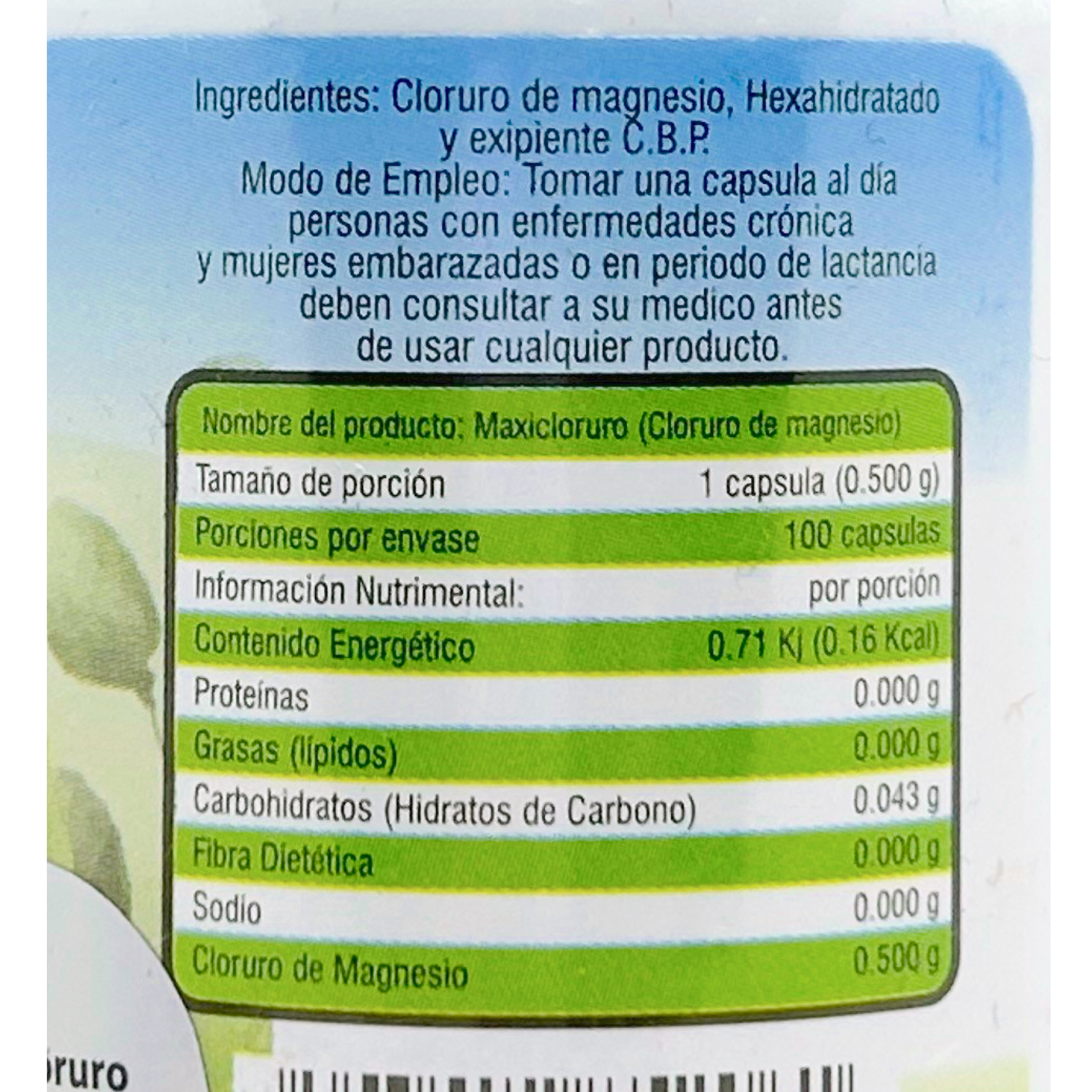 Cloruro De Magnesio 100 Cápsulas De 500 Mg Maxicloruro. 