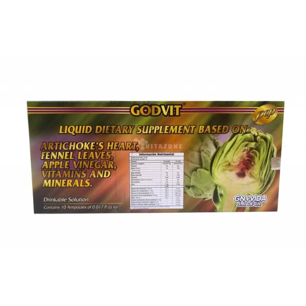 Godvit Alcachofa, Carnitina, Suplemento líquido 10 ampolletas de 10 ml GN+Vida. 