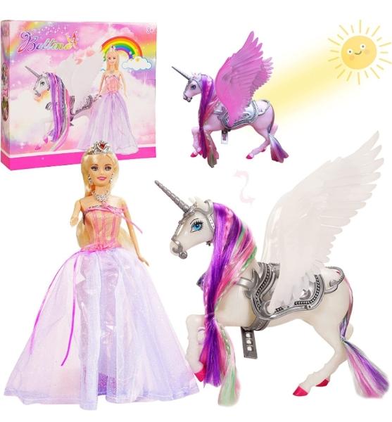 Muneca princesa con unicornio que cambia de color