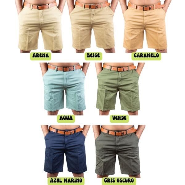 Bermuda Casual De Gabardina Stretch Para Hombre Con Cinturon