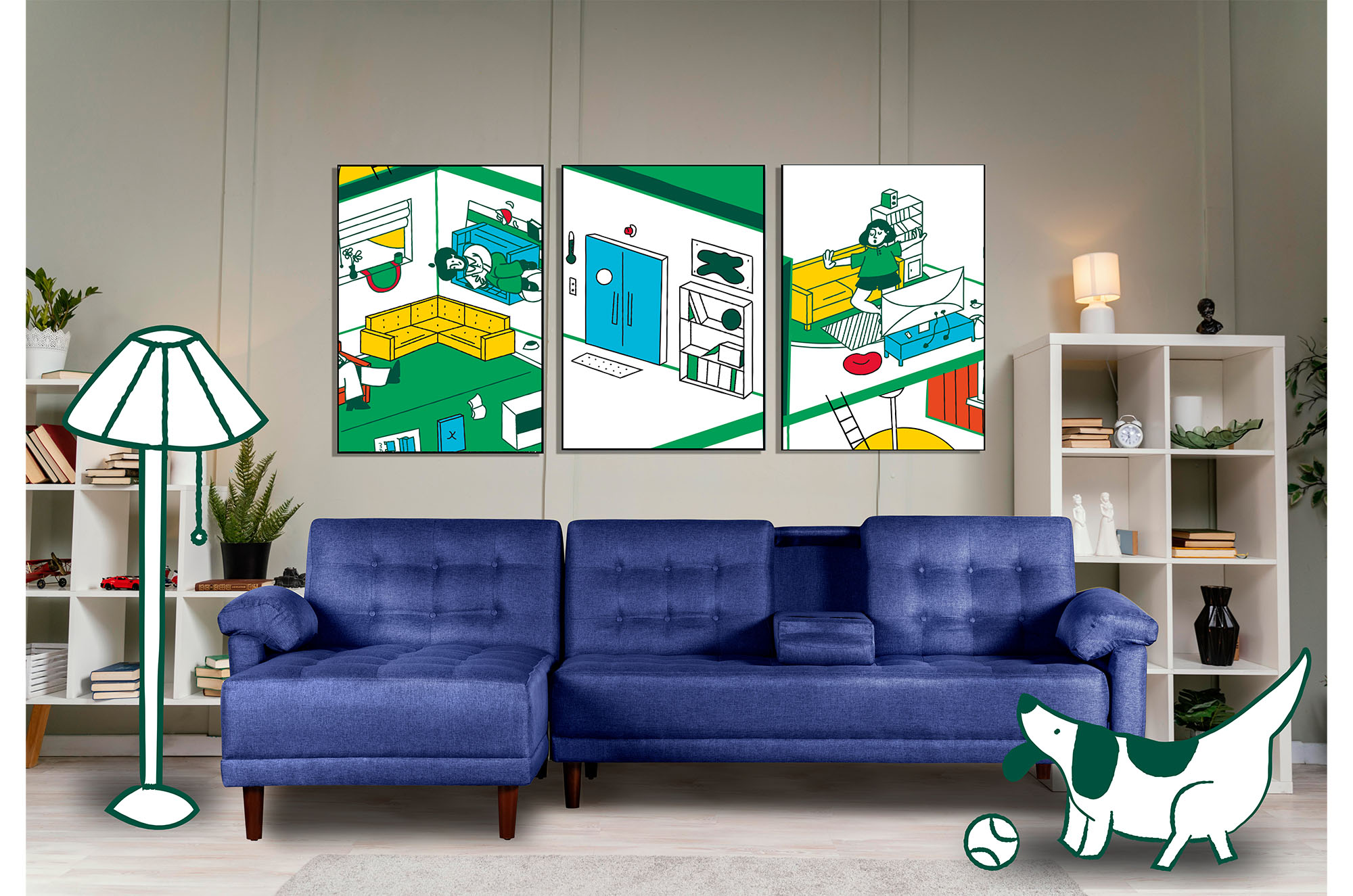 Sala Modular Harvey Azul Makora de lino con portavasos 
