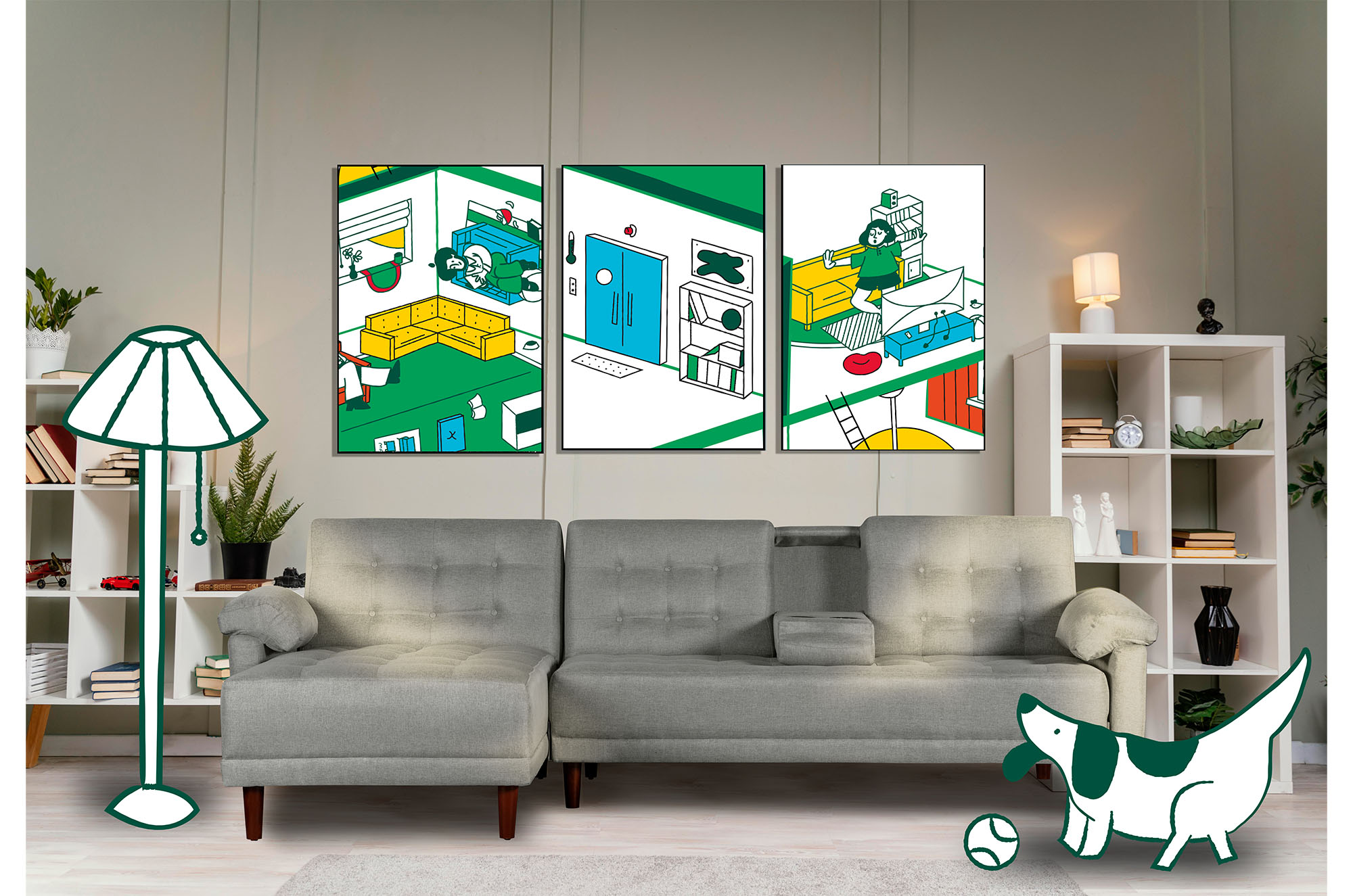 Sala Modular Harvey Gris Claro Makora de lino con portavasos 