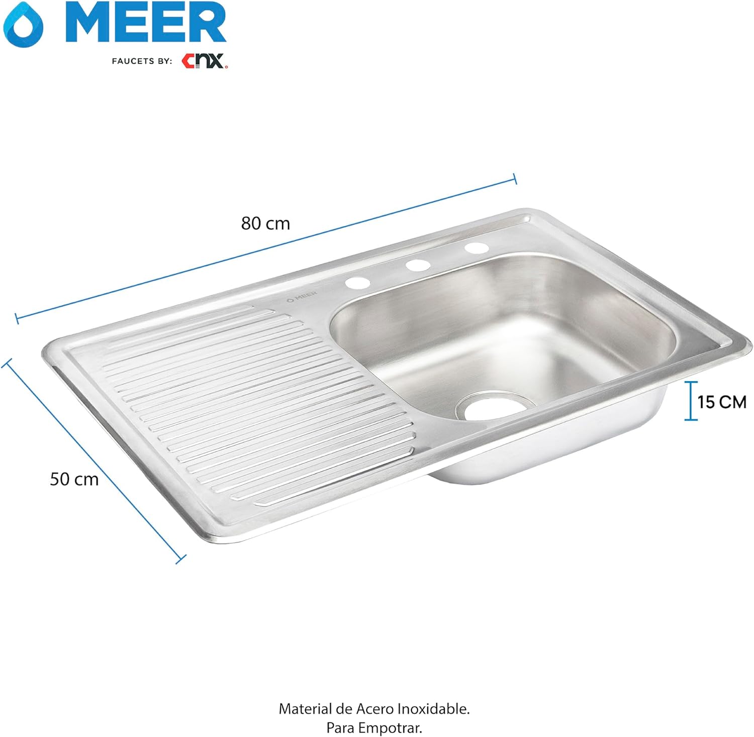 Tarja Sencilla con Escurridero Izquierdo para Empotrar (80 cm x 50 cm con 15.25 cm de Profundidad) Incluye Kit completo de Instalación