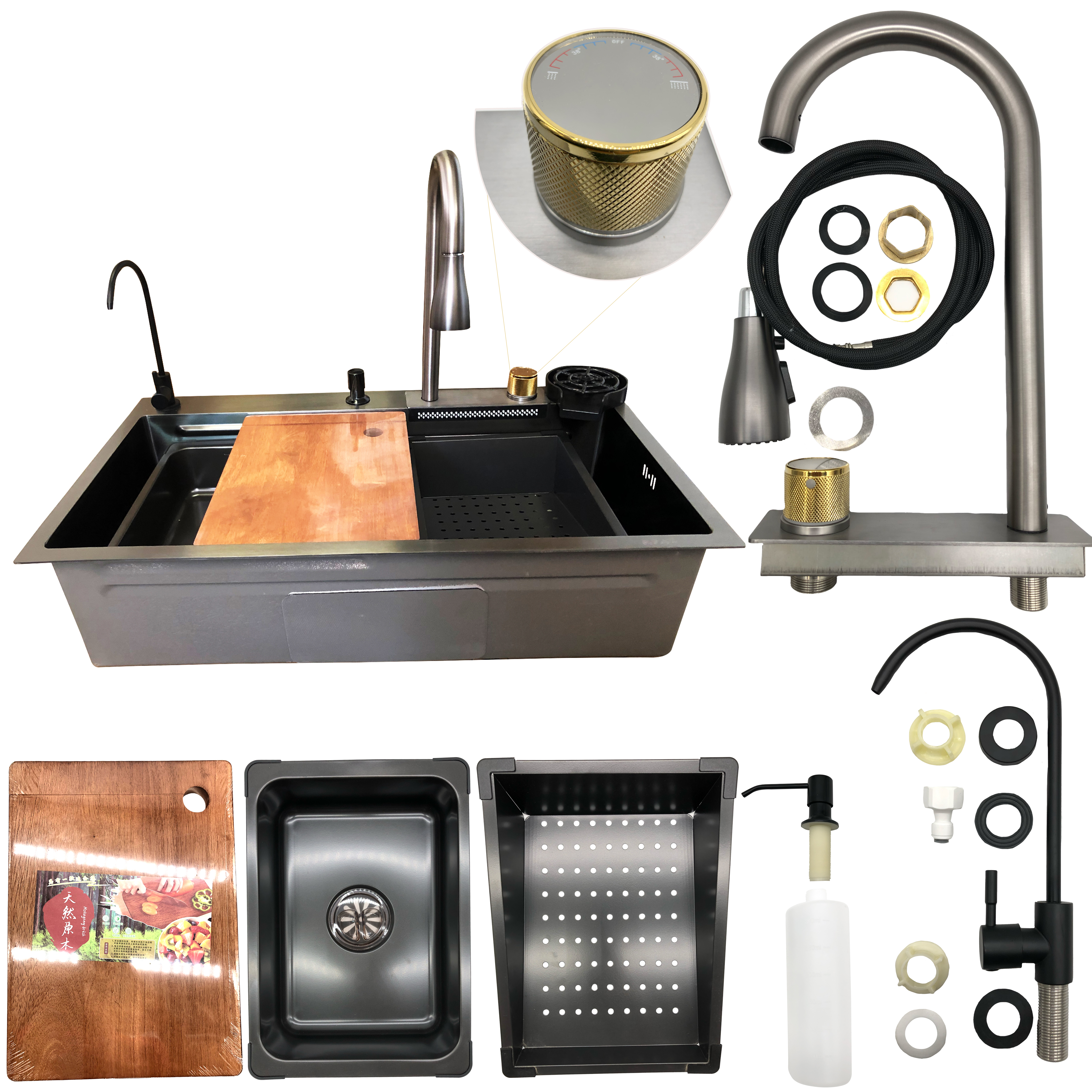 Tarja para Cocina Fregadero de Lujo Con Cascada Acero Inoxidable 80xm X 46cm X 20cm 