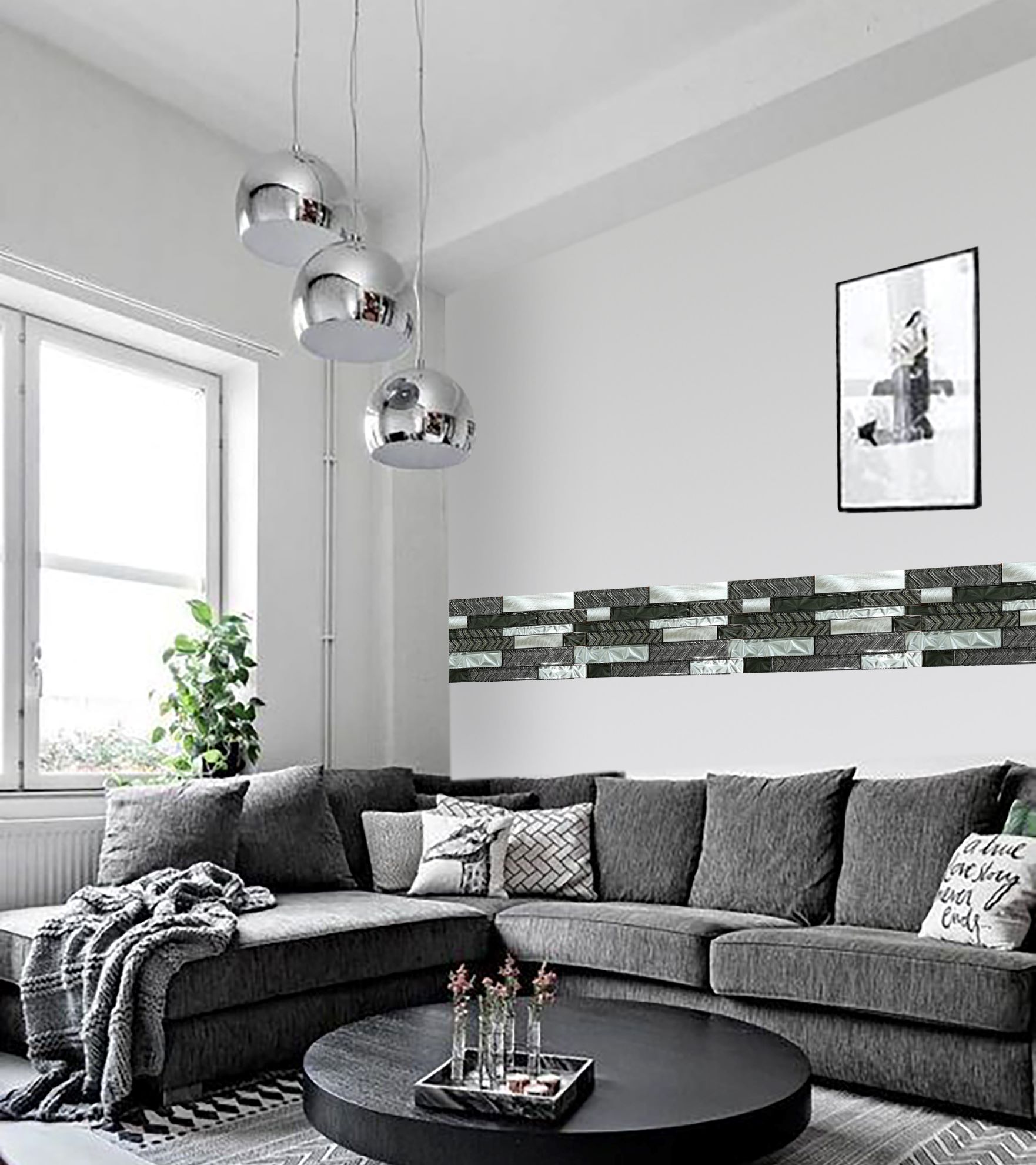 Malla o Mosaico Decorativo de vidrio NA, medida 30 x 30 cms. (base por altura). Diseño en tonos plata y gris con detalles en relieve. Caja de 5 piezas.