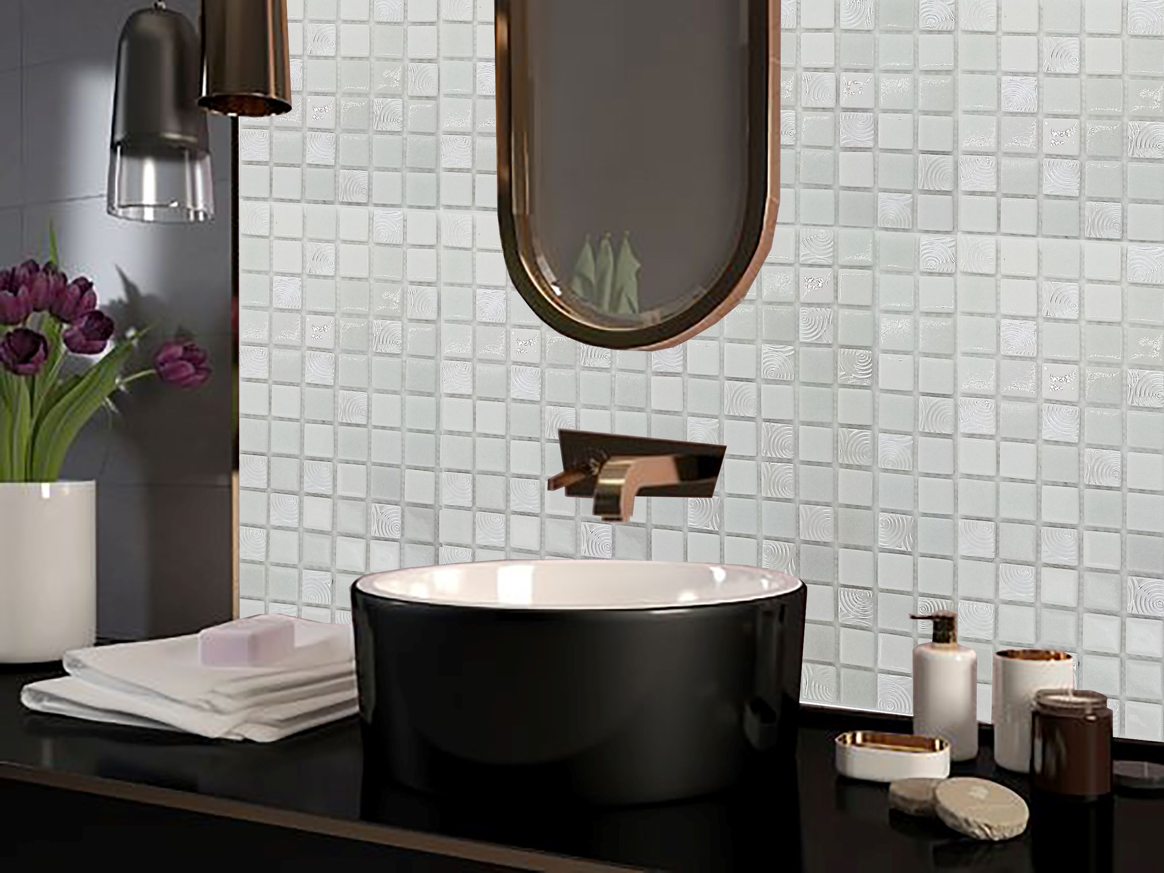 Malla o Mosaico Decorativo de vidrio MI, medida 30 x 30 cms. (base por altura). Diseño en tono blanco texturizado con detalles en relieve. Caja de 5 piezas..