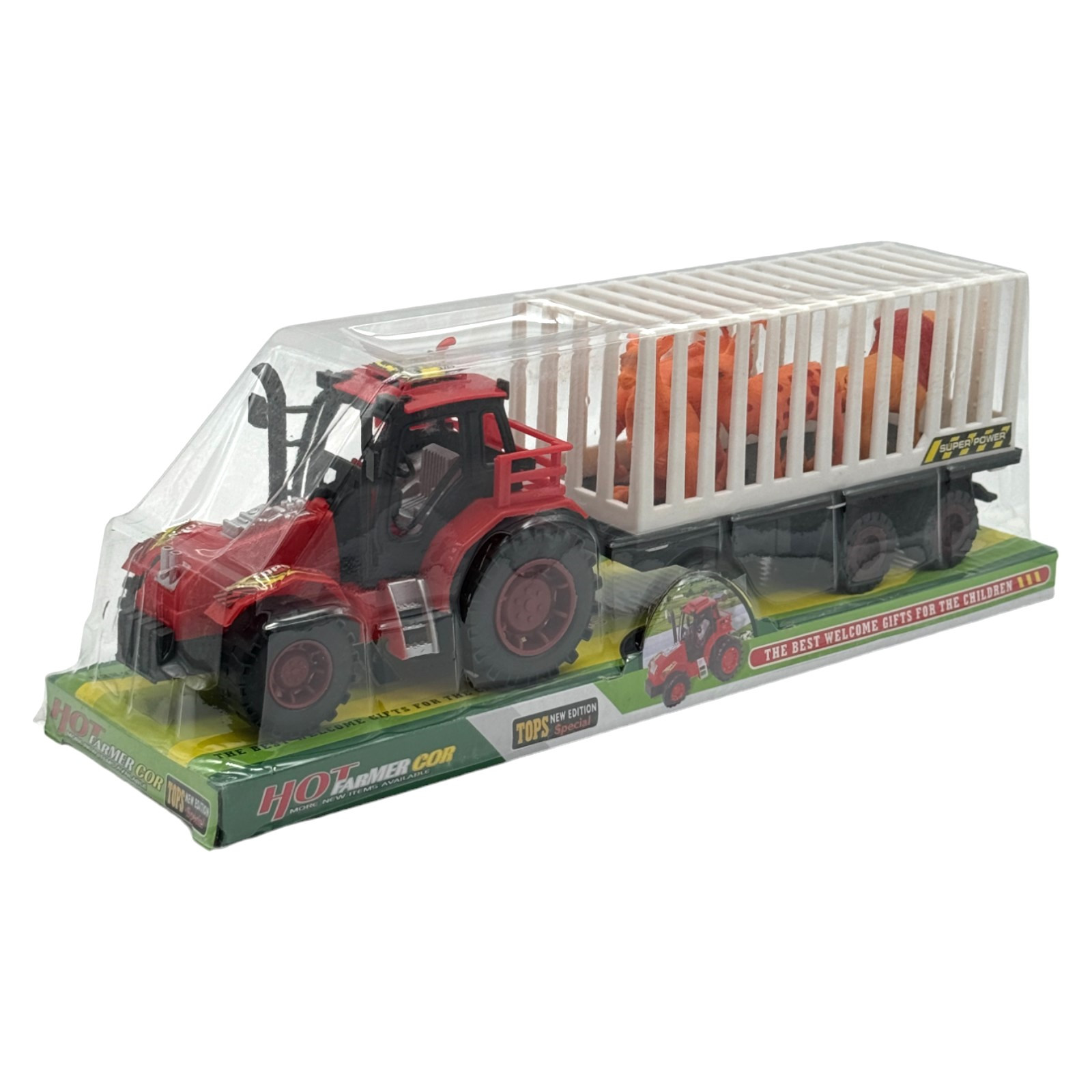 Tractor de Juguete de Friccion Animal de Granja con Remolque - Rojo.