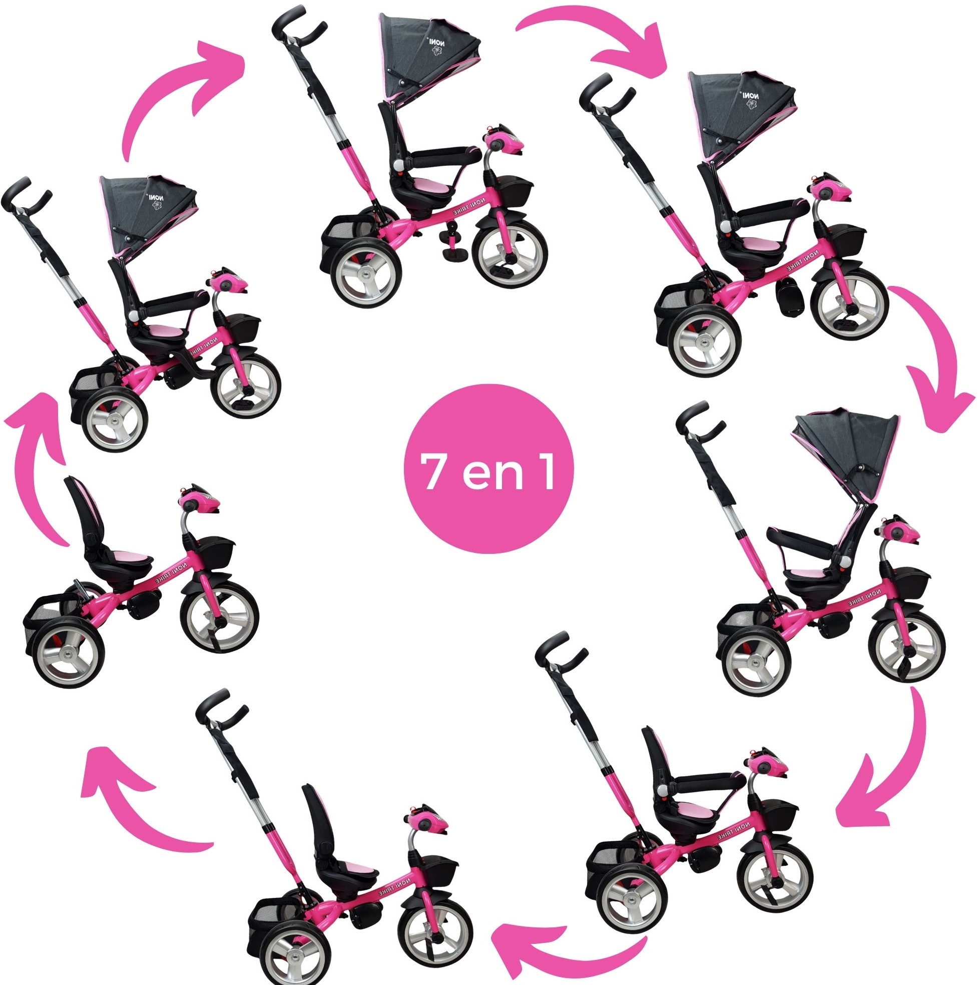 Triciclo para Niños 7en1 con luz,sonido,Asiento Giratorio 360  - Fucsia.