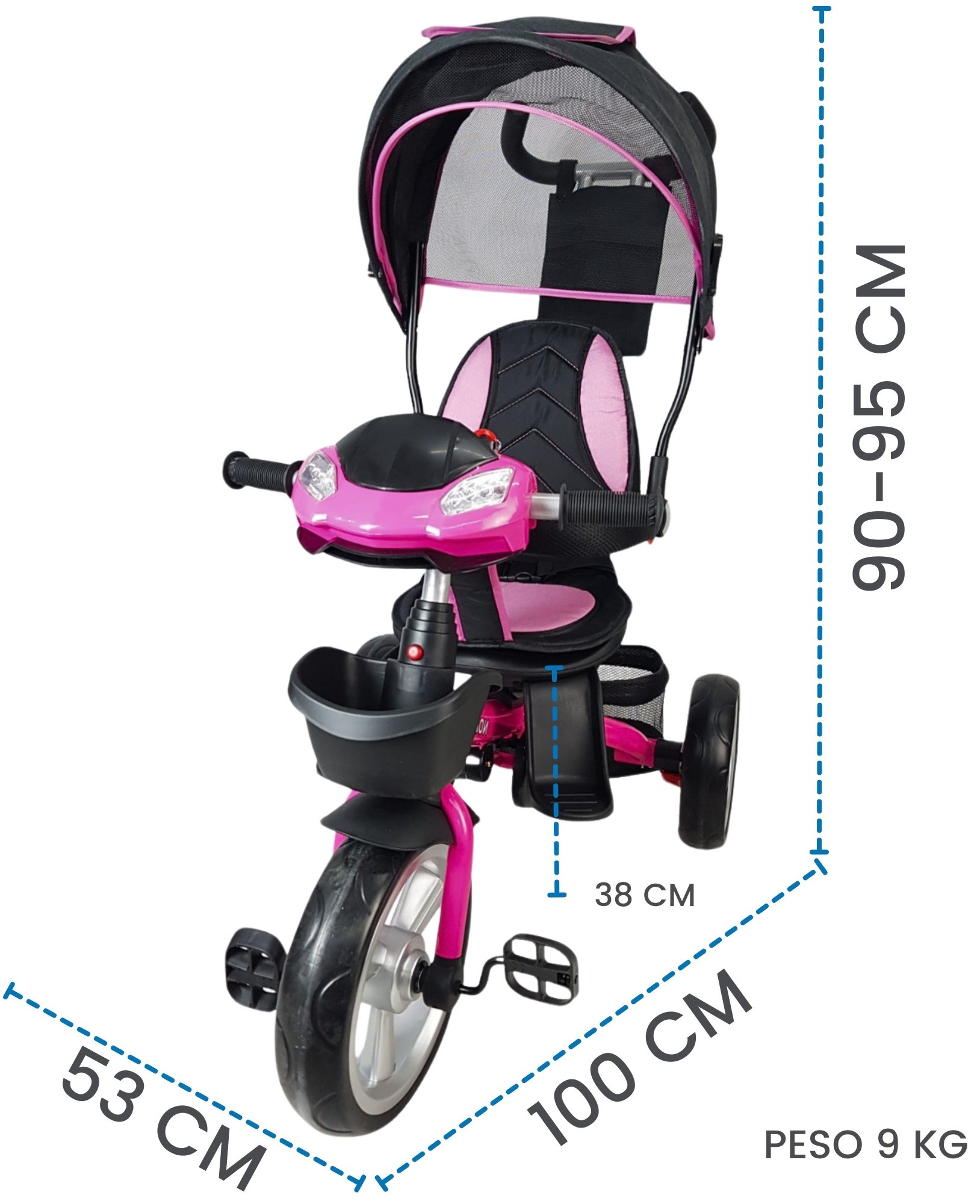 Triciclo para Niños 7en1 con luz,sonido,Asiento Giratorio 360  - Fucsia.