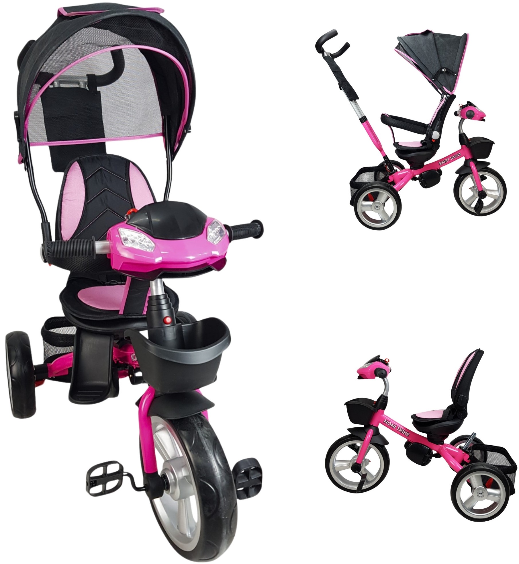 Triciclo para Niños 7en1 con luz,sonido,Asiento Giratorio 360  - Fucsia.