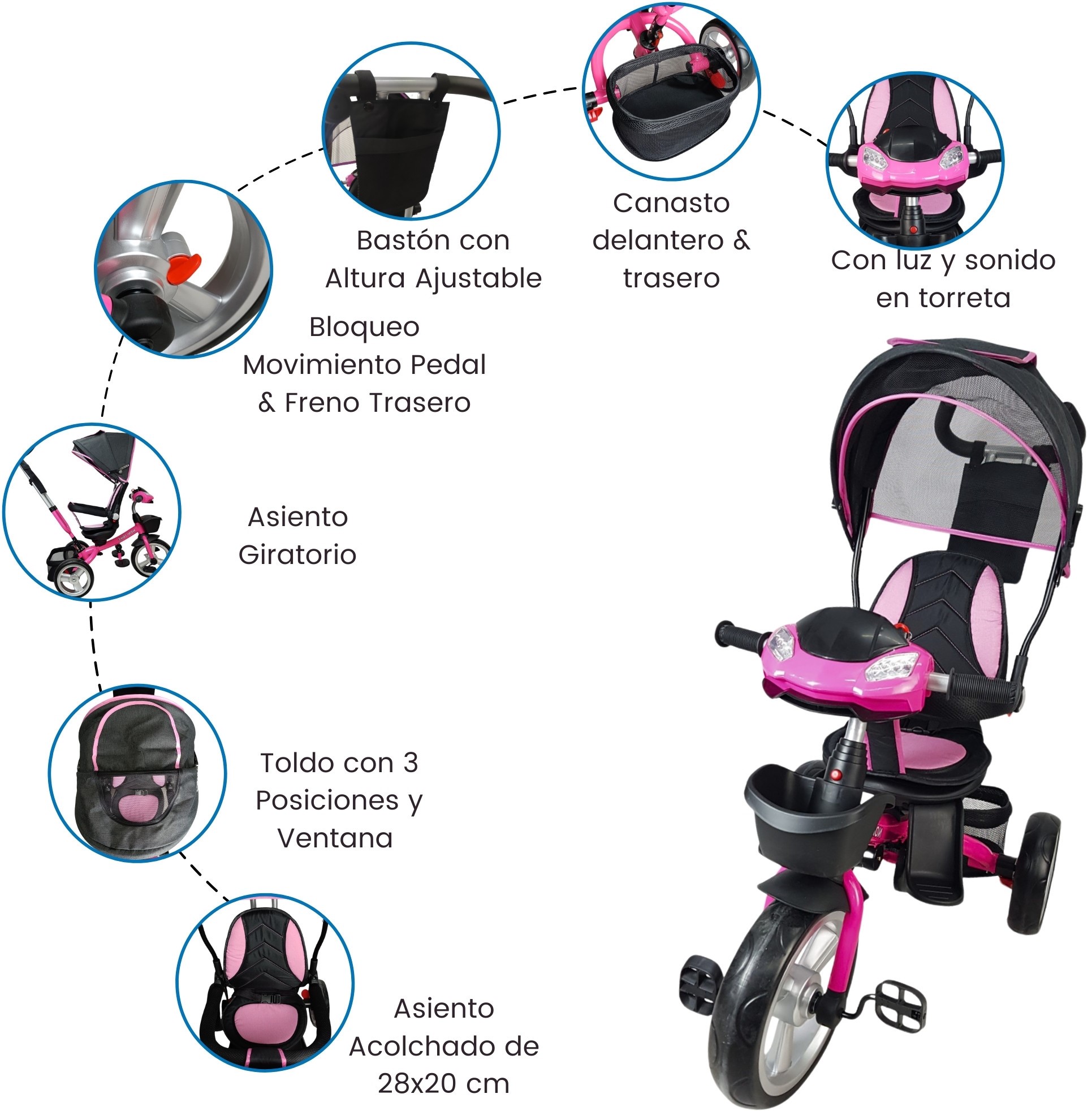 Triciclo para Niños 7en1 con luz,sonido,Asiento Giratorio 360  - Fucsia.