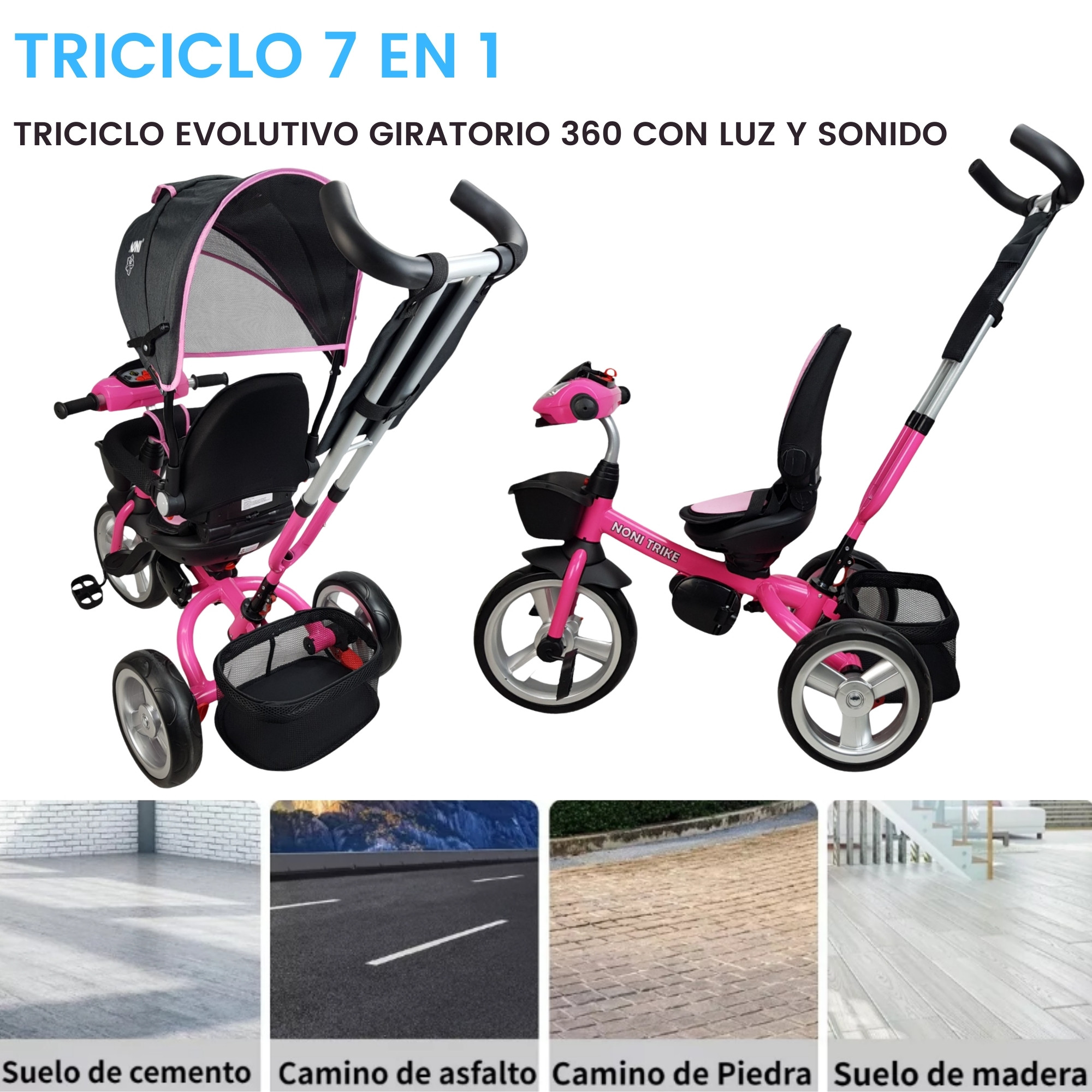 Triciclo para Niños 7en1 con luz,sonido,Asiento Giratorio 360  - Fucsia.
