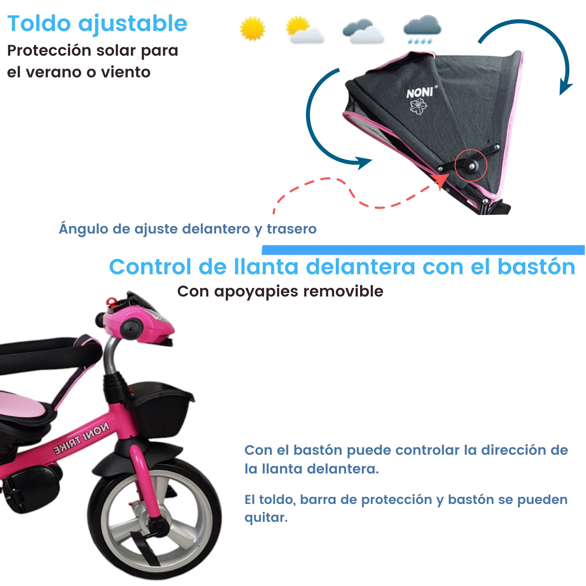 Triciclo para Niños 7en1 con luz,sonido,Asiento Giratorio 360  - Fucsia.